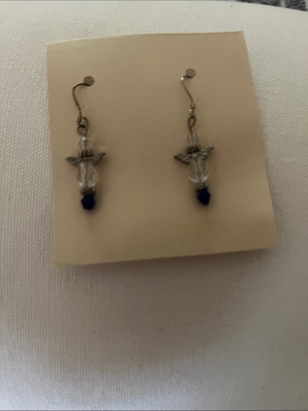 Dainty Silver Angel Wing Earrings with Blue Crystal Drops